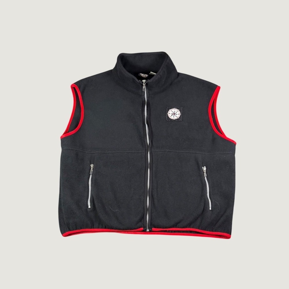 Mens Compass Patch Fleece Vest Black Red Trim Full Zip XXL Vintage Style